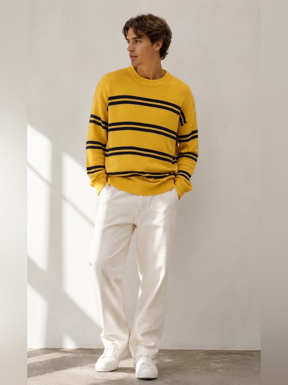 Tommy Hilfiger Men’s Large Yellow Navy Striped Cotton Crewneck Sweater Preppy